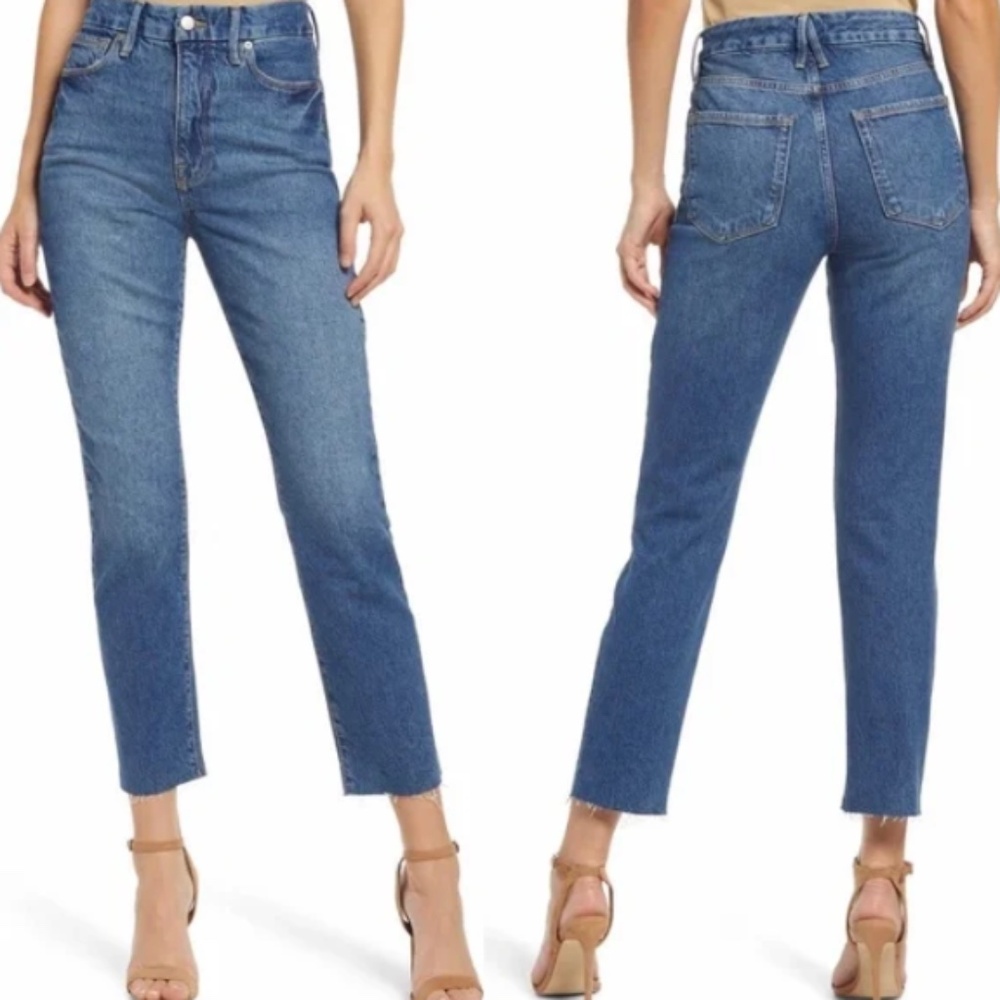 Good American Slim Straight Raw Hem Ankle Jeans | Blue | Size 2 / 26